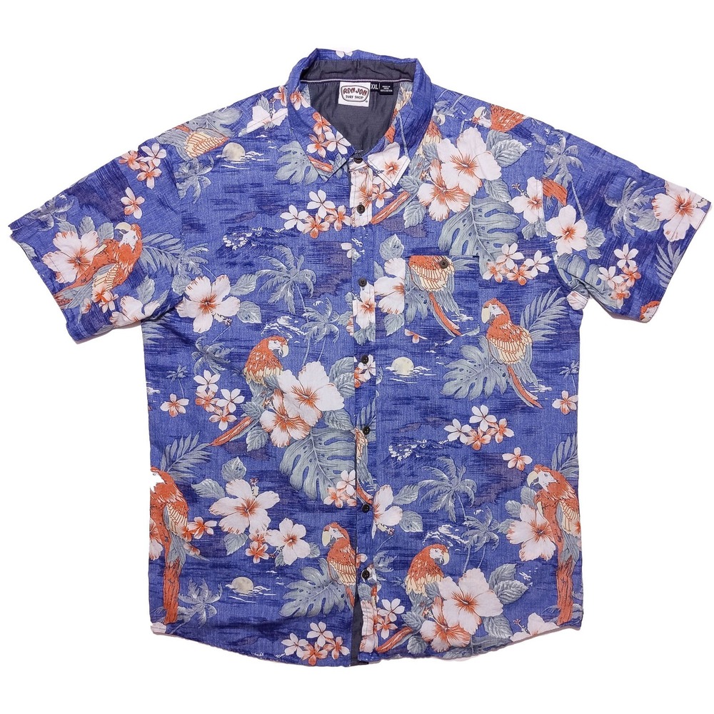 RON JON SURF SHOP Short Sleeve Hawaiian Shirt Blue‎ Floral Parrot Macaw Large L